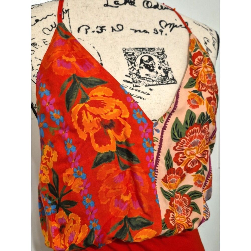 FARM Rio Floral Patchwork Bodysuit Small Red Tropical Boho Surplice Cami - Picture 10 of 14
